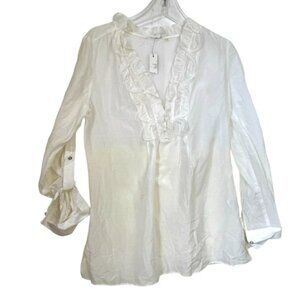 Tahari NEW ELISE Silk Cotton Ruffle Blouse Top Lightweight Sheer Slits Neutral S